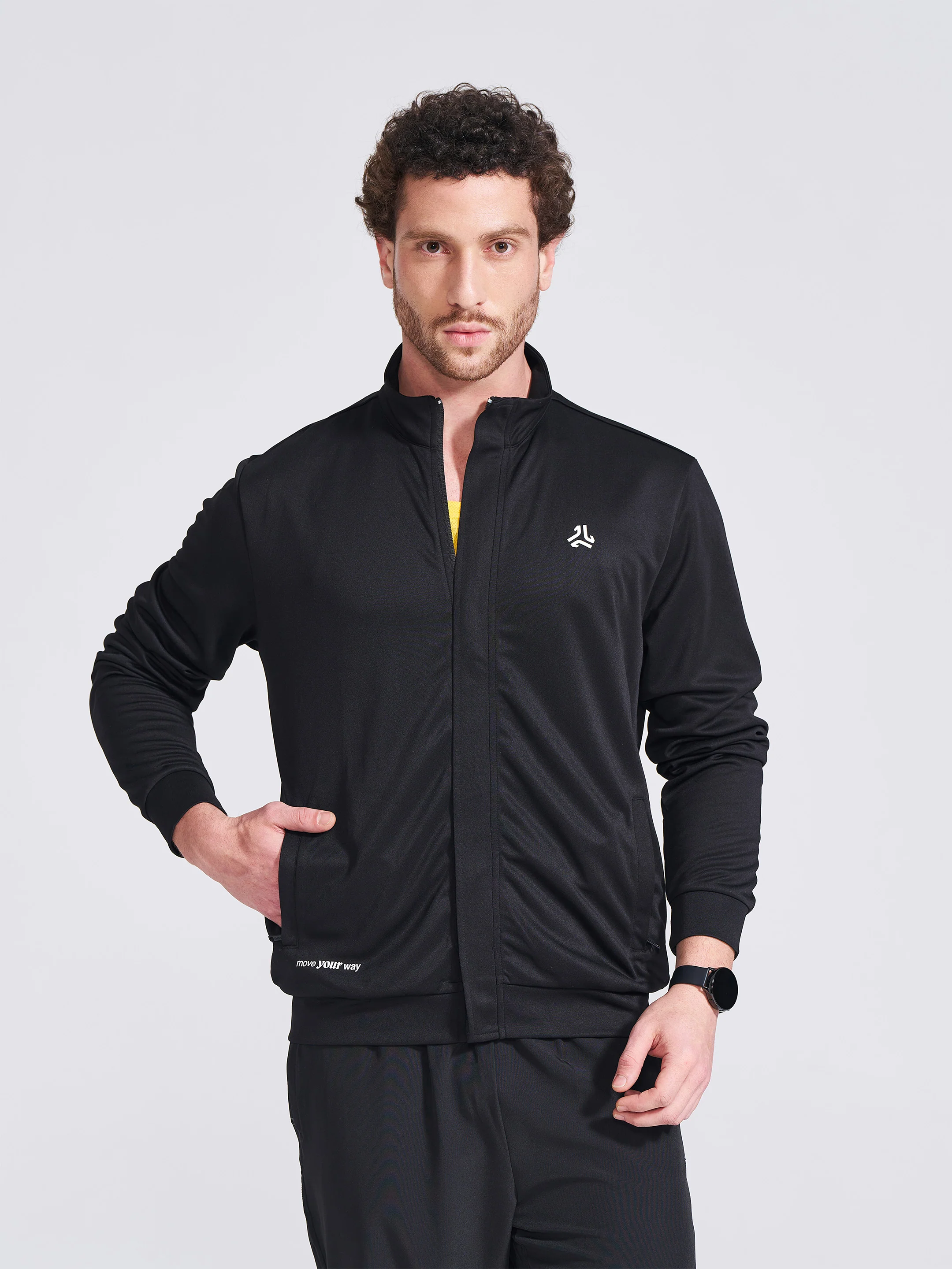 Men's Black Solid Stand Collar Jacket