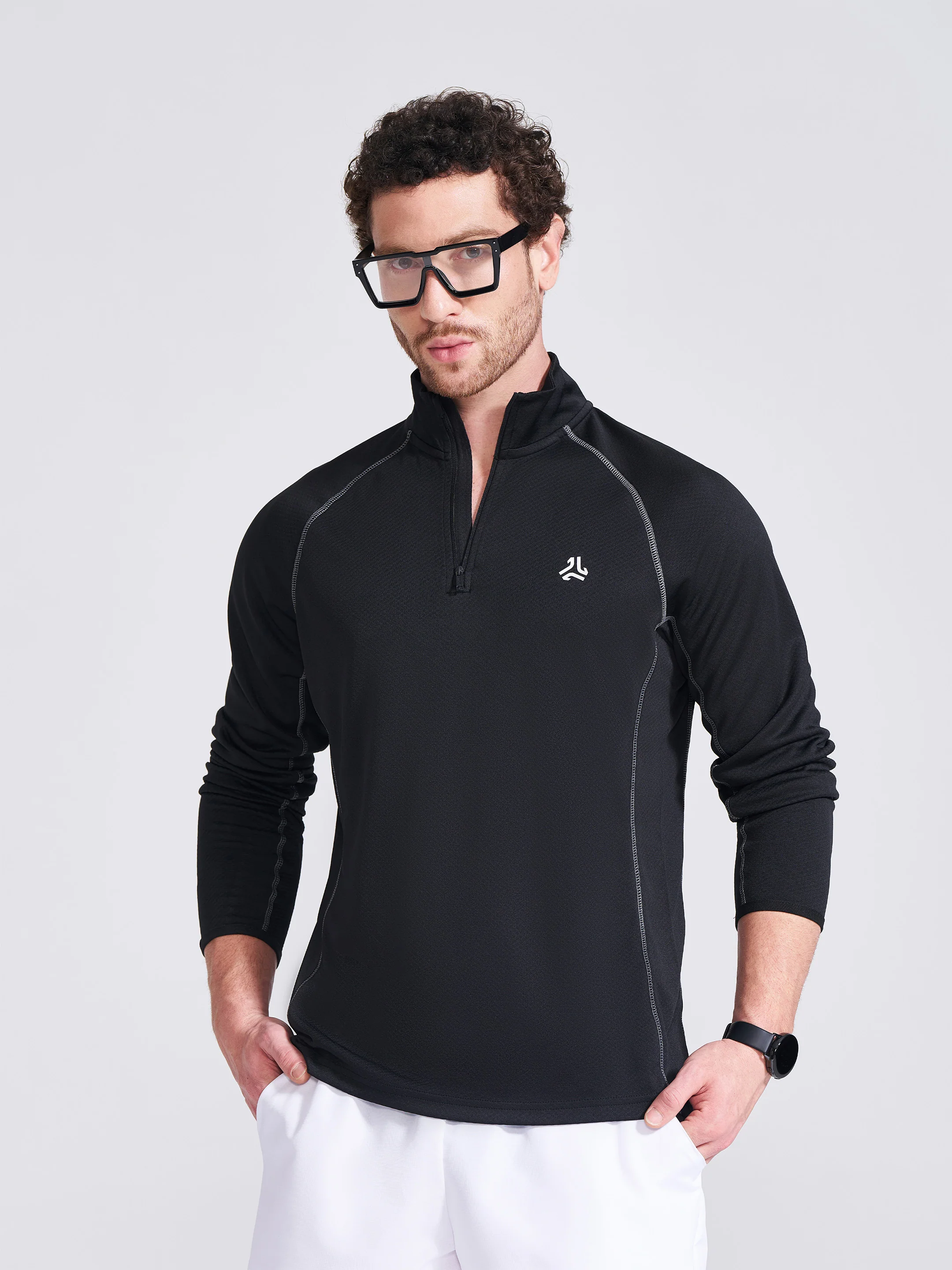 Men's Black Solid Stand Collar Jacket