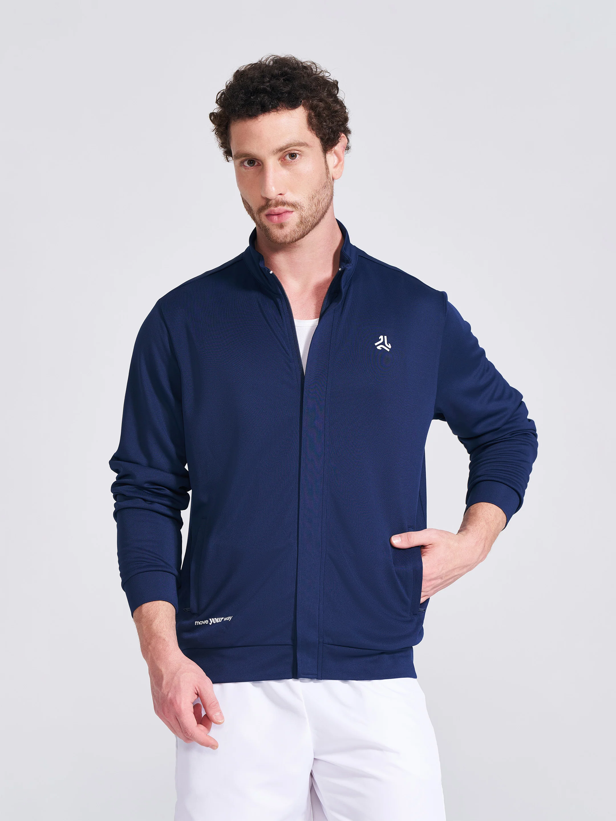 Men's Navy Solid Stand Collar Jacket