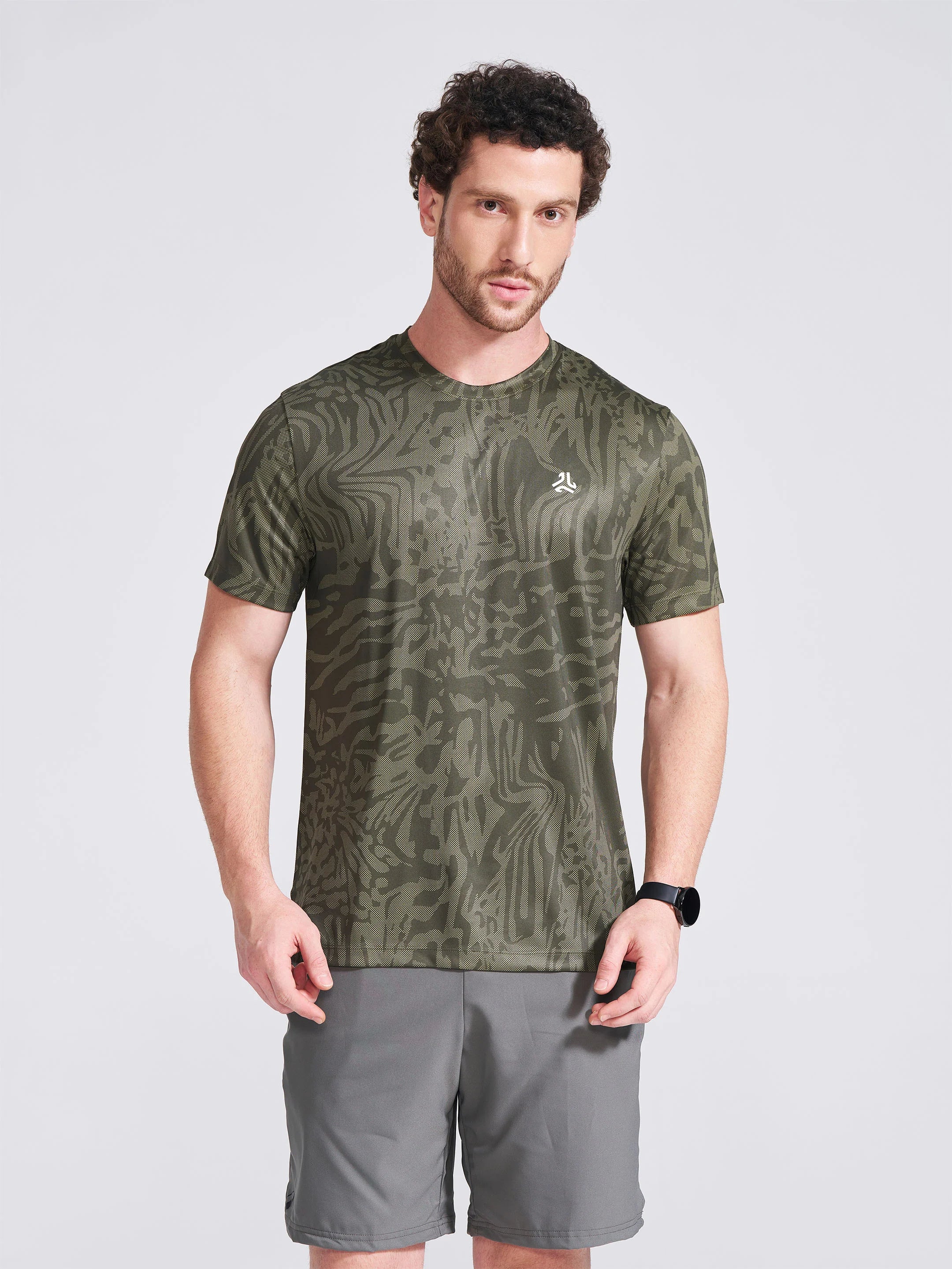 Men's Olive Printed Round Neck T-Shirt - Image 3