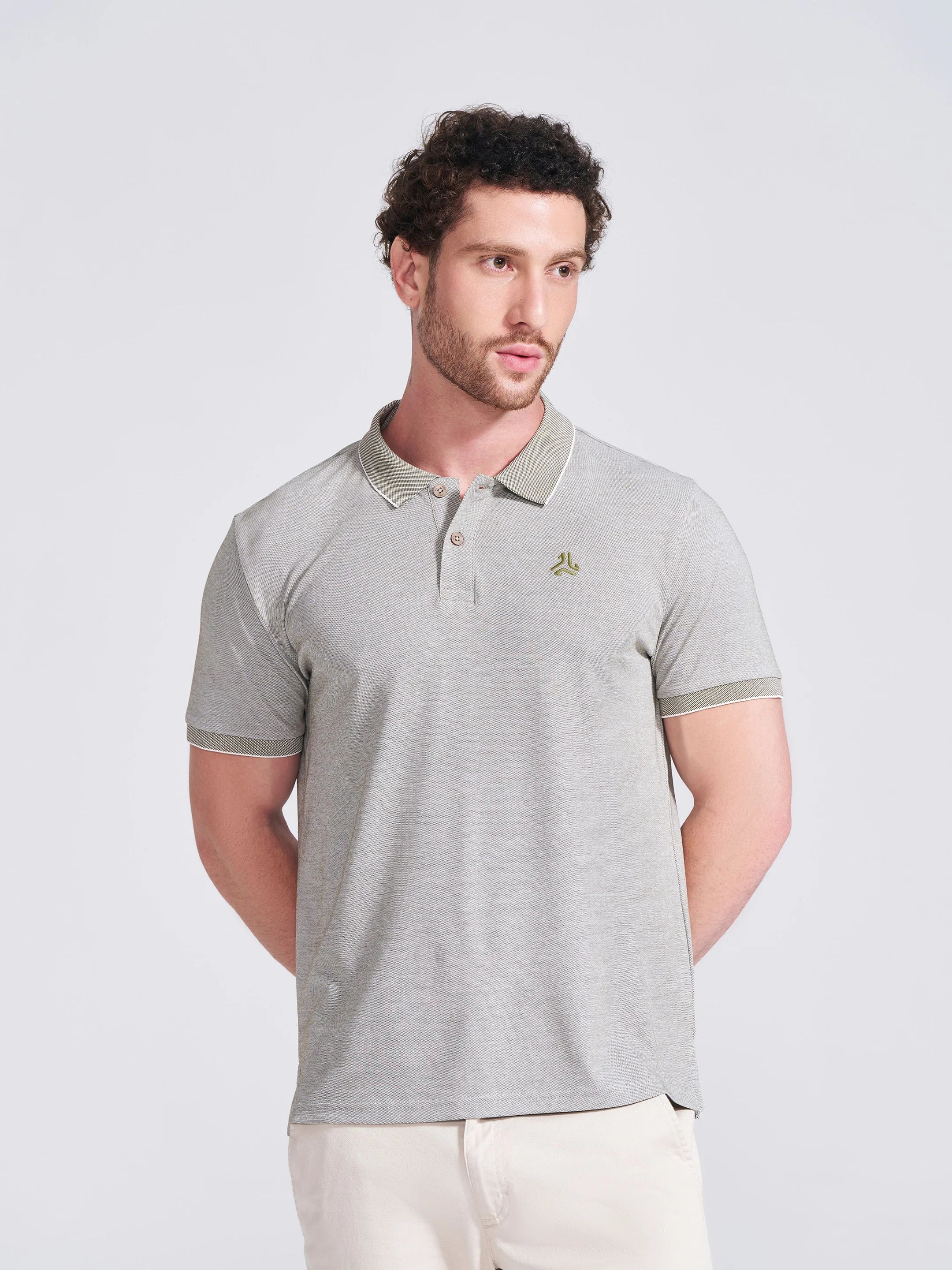Men's Olive Self Design Polo Collar T-Shirt - Image 2