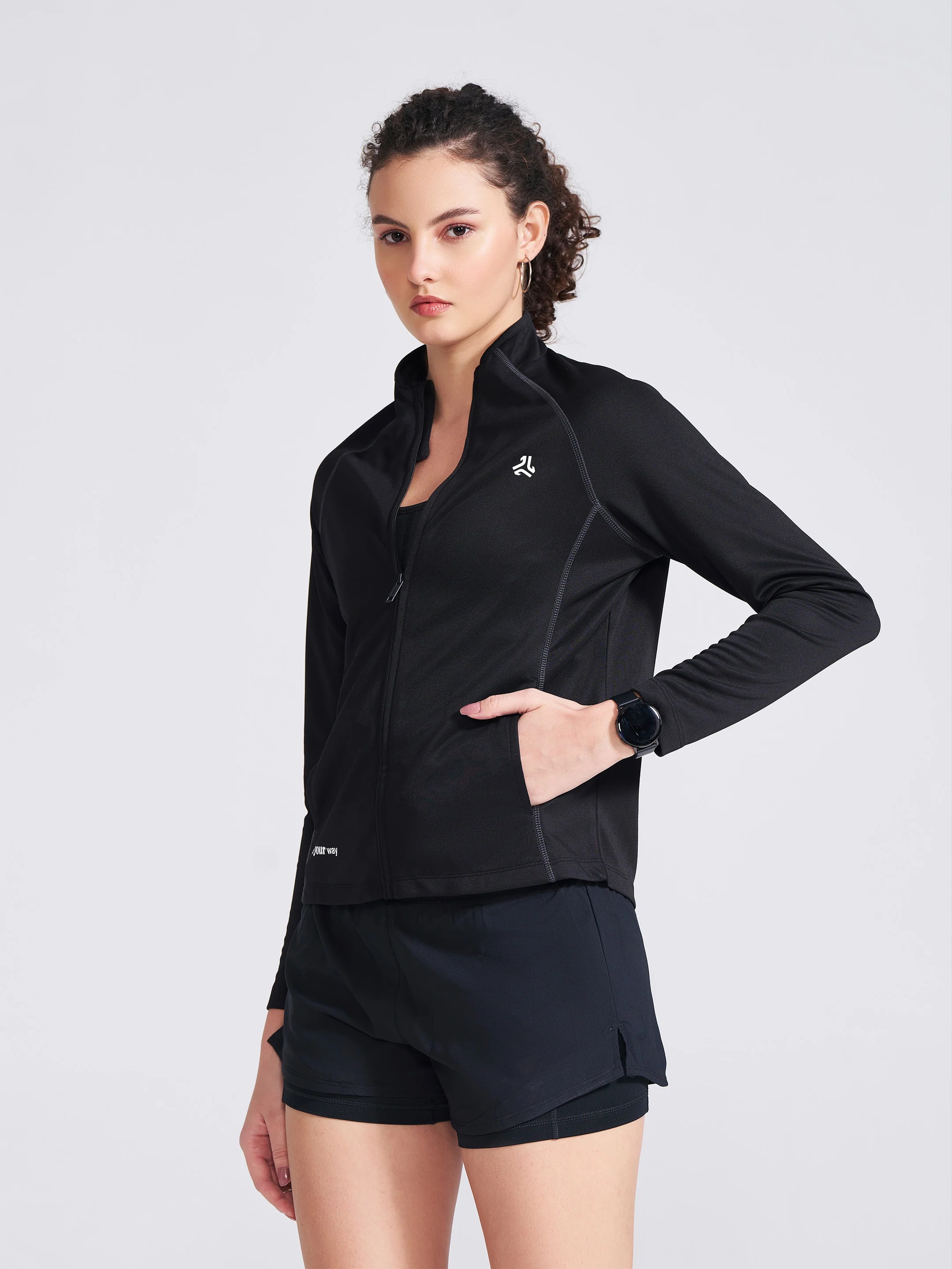 Women's Black Solid Stand Collar Jacket