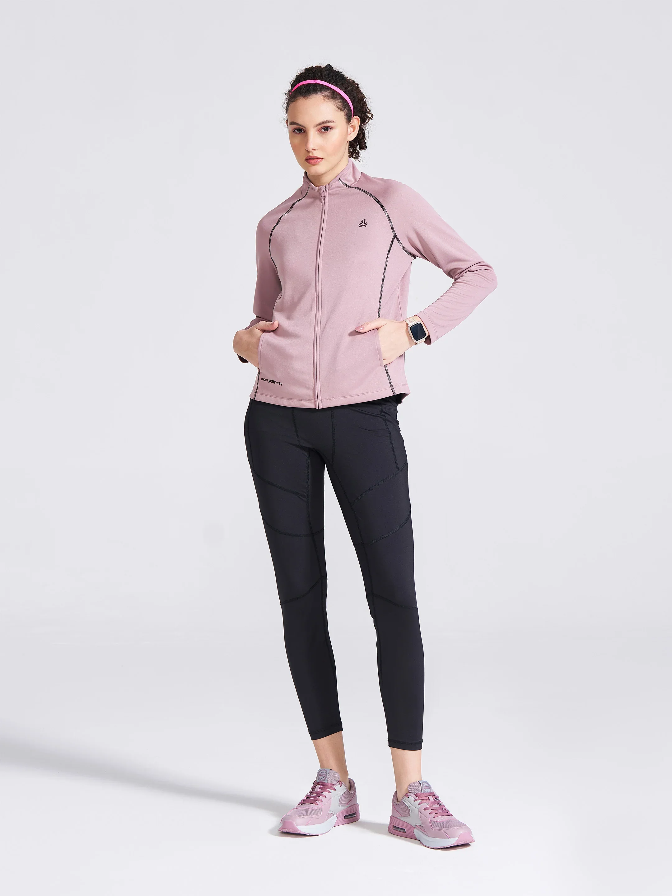 Women's Mauve Solid Stand Collar Jacket - Image 6